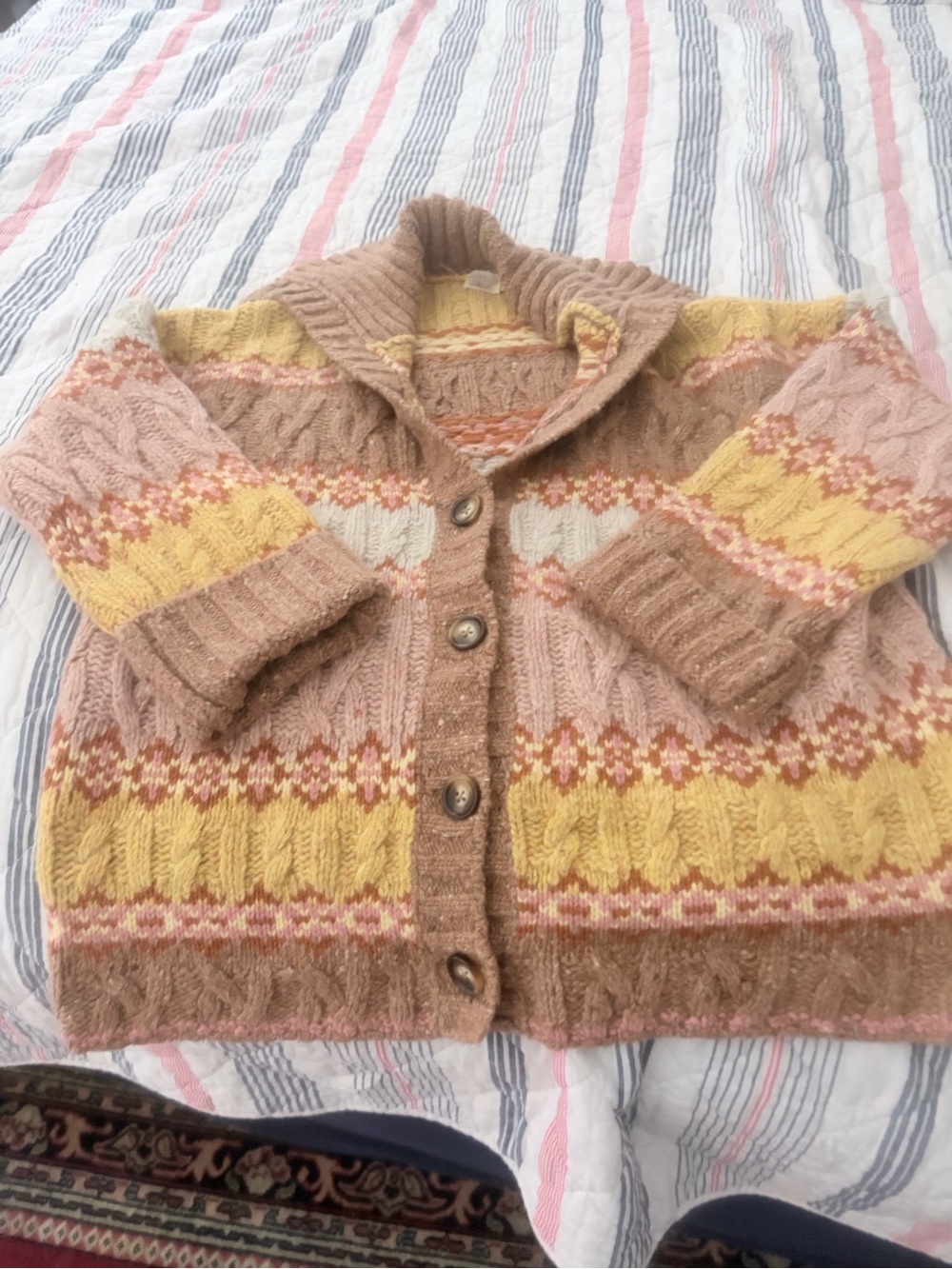 Faherty women’s  Cable-Knit Cardigan in Pink, Yellow & Cream
